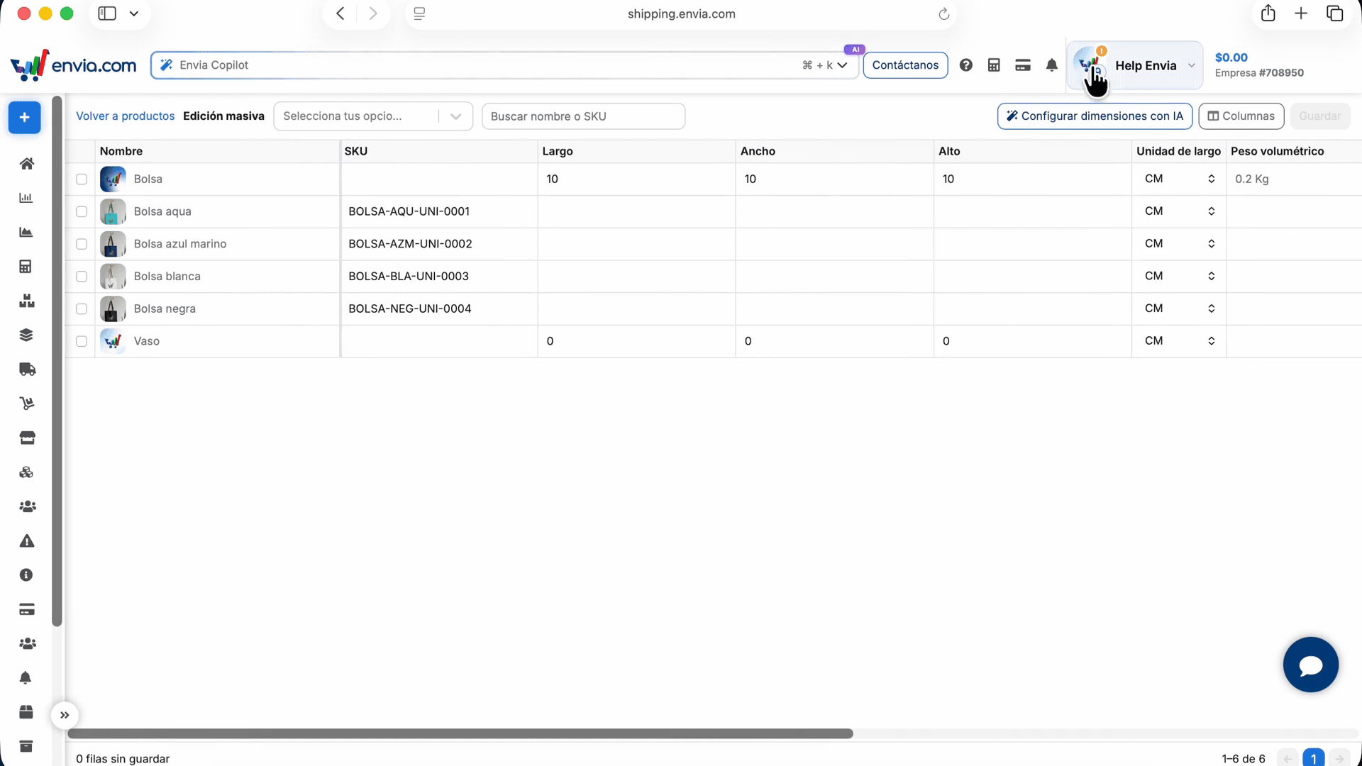 Bulk edit: search products, edit measurements, and configure dimensions with AI