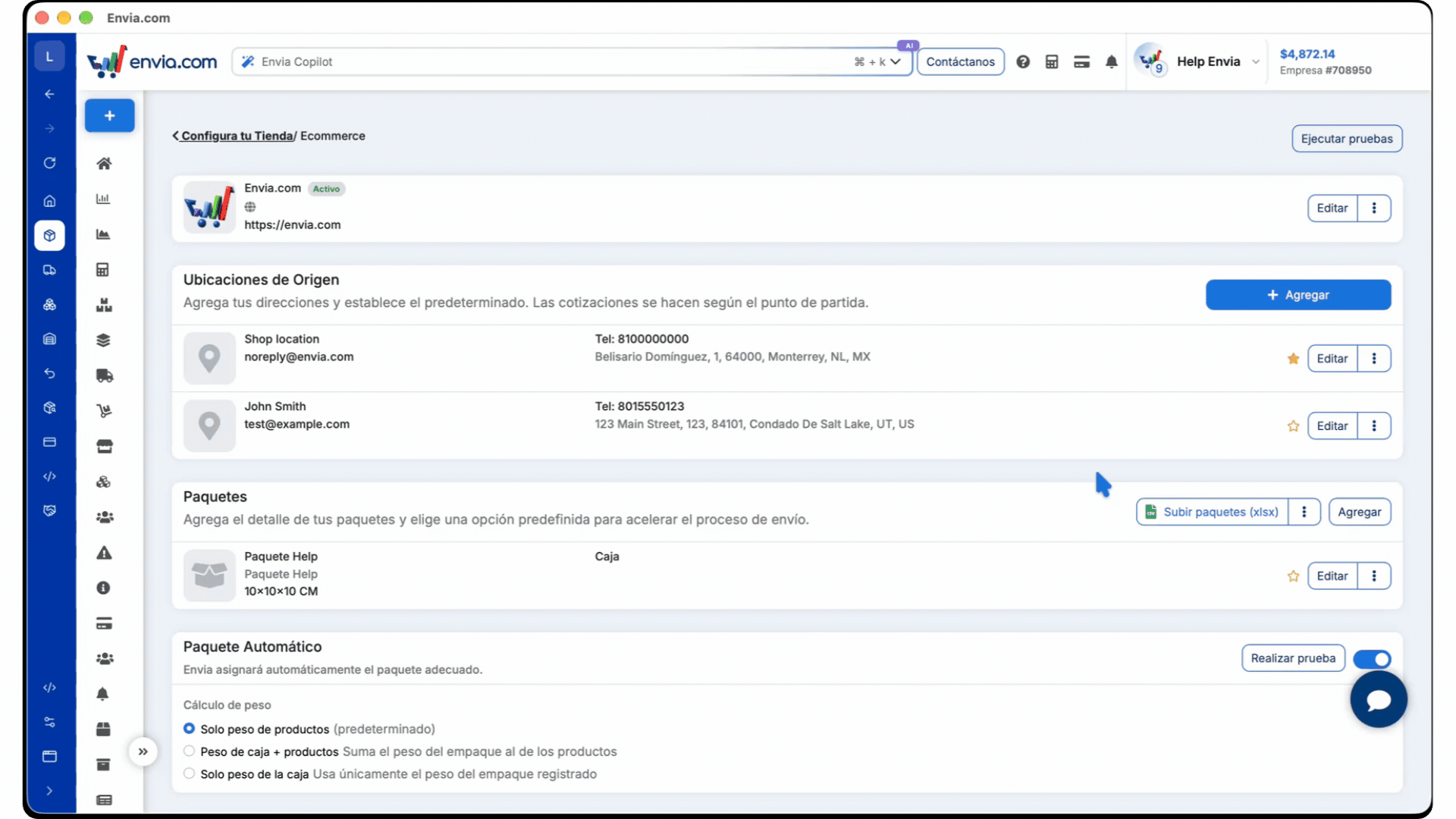 Ecommerce Pro store settings, with origin locations and packages