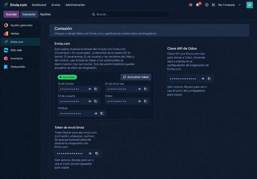 Envia.com connection in Odoo: Connected and Refresh token