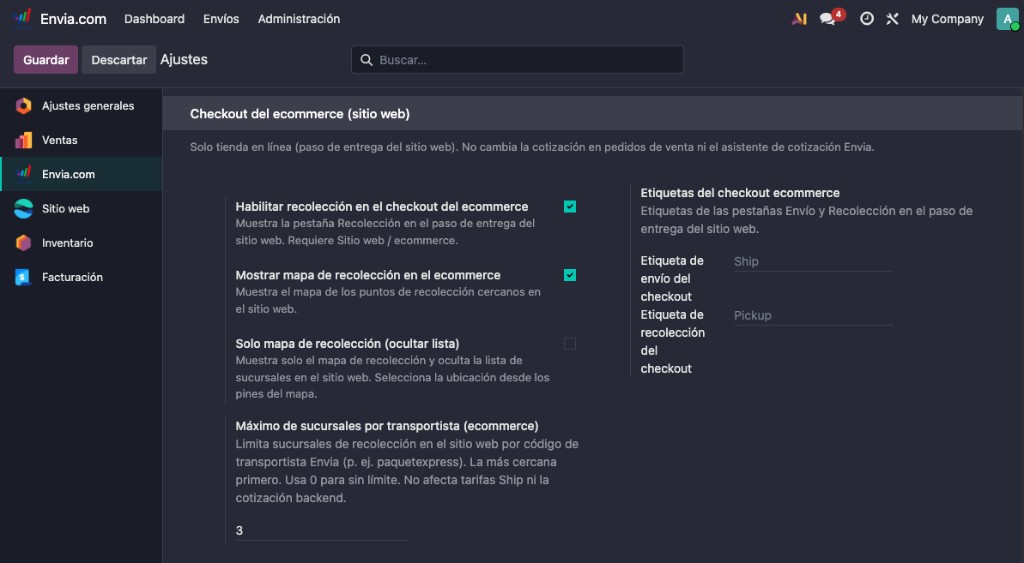 Ecommerce checkout in Envia.com for Odoo