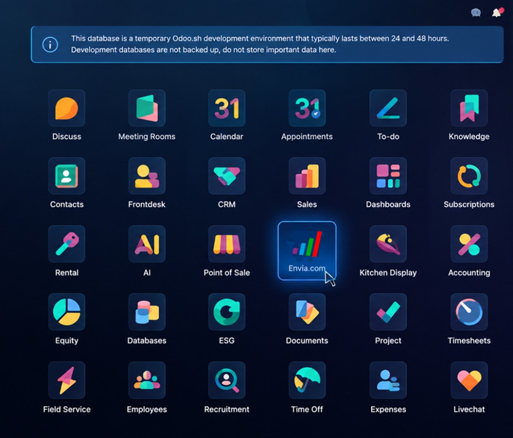 Odoo development home with the Envia.com icon