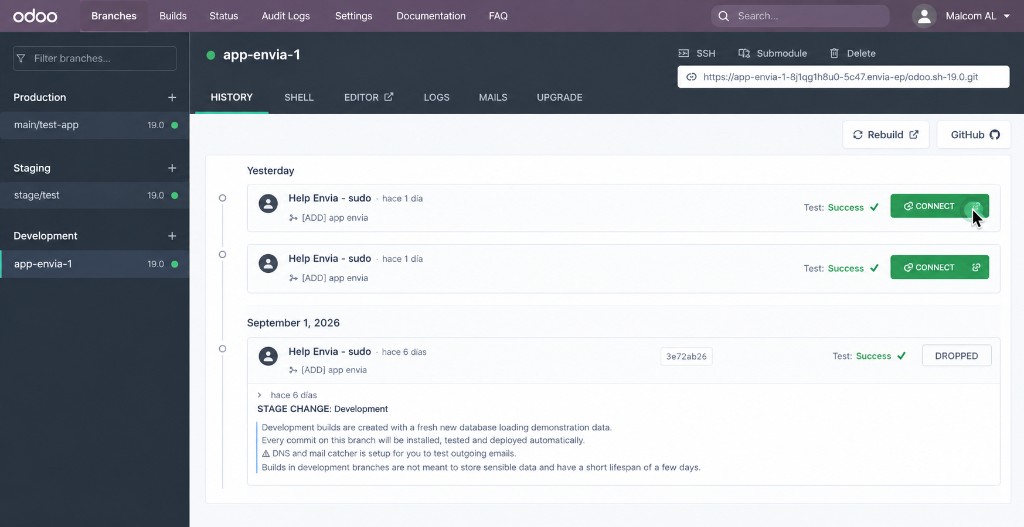 Development branch on Odoo.sh with the Connect button