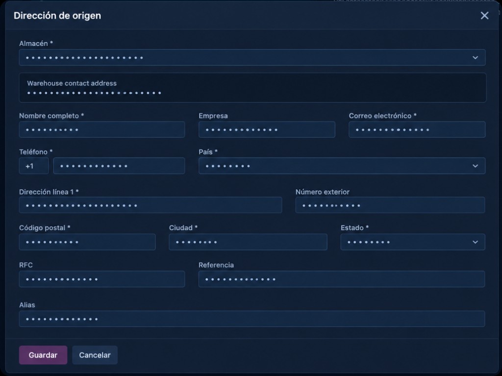 Origin address form with the warehouse data
