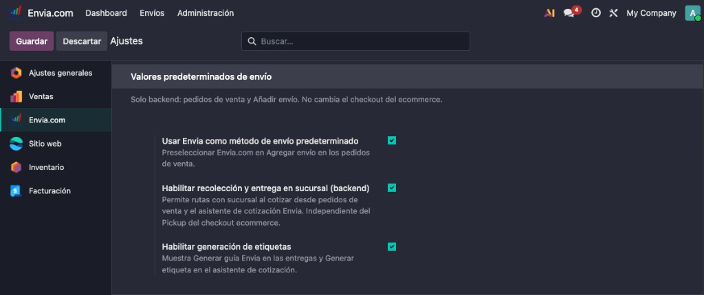 Shipping defaults in Envia.com for Odoo