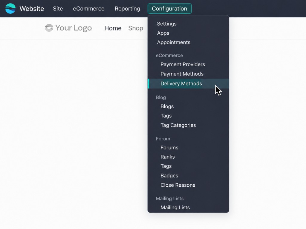 Website Configuration menu with Delivery Methods